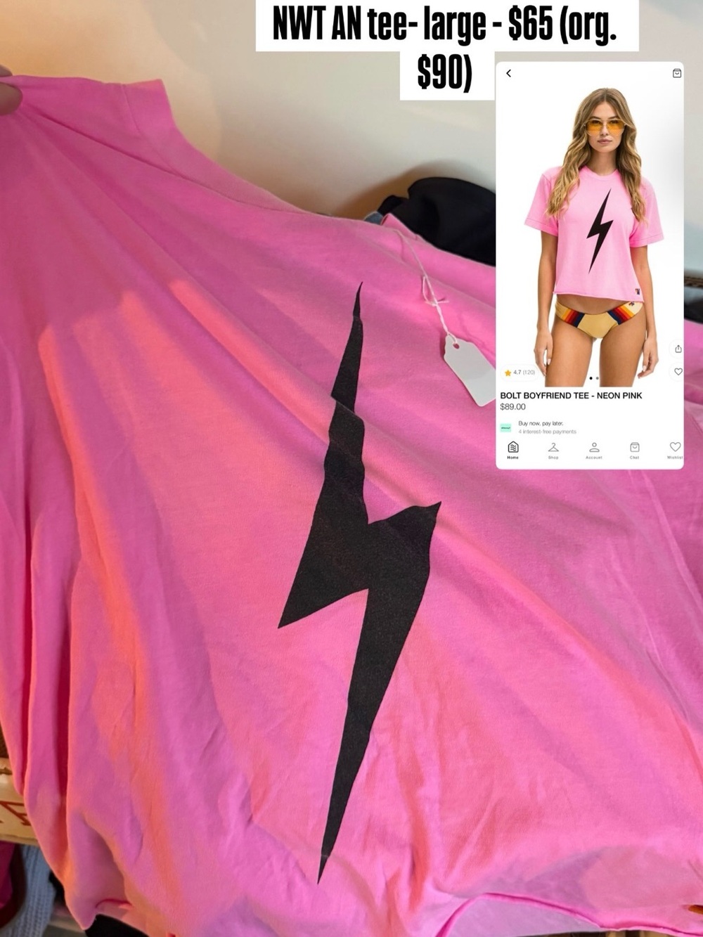 Aviator Nation Neon Pink Bolt Tee with Black Lightning Graphic